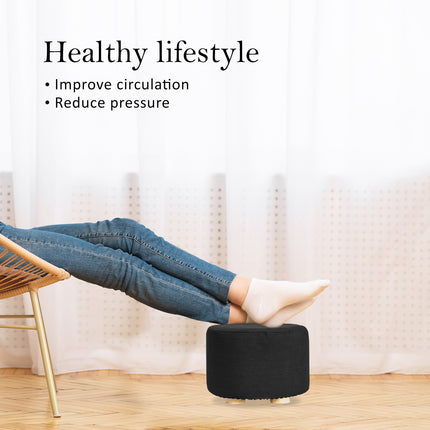 2X Fabric Ottoman Round Wooden Leg Foot Stool - BLACK.