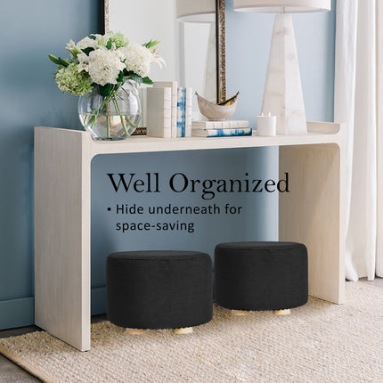 2X Fabric Ottoman Round Wooden Leg Foot Stool - BLACK.