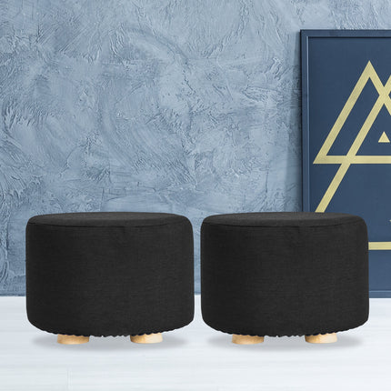 2X Fabric Ottoman Round Wooden Leg Foot Stool - BLACK.