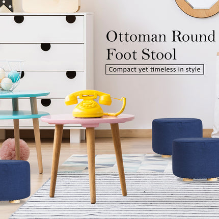 Fabric Ottoman Round Wooden Leg Foot Stool - DARK BLUE.