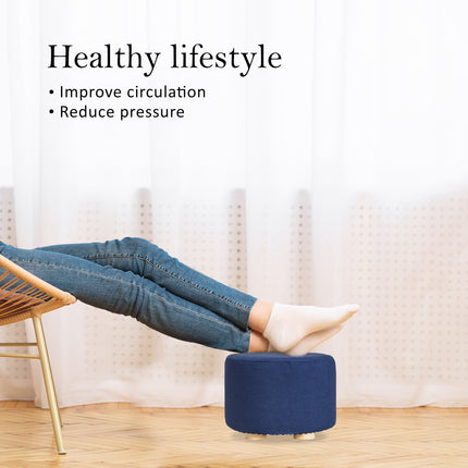 Fabric Ottoman Round Wooden Leg Foot Stool - DARK BLUE.