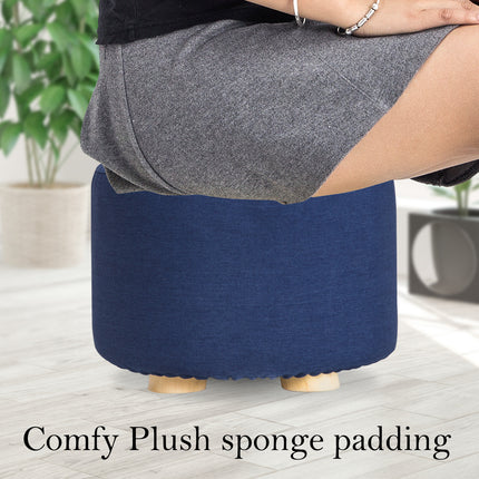 Fabric Ottoman Round Wooden Leg Foot Stool - DARK BLUE.