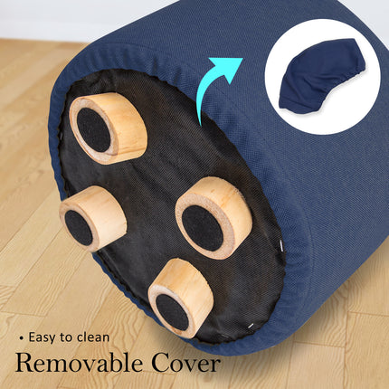 Fabric Ottoman Round Wooden Leg Foot Stool - DARK BLUE.