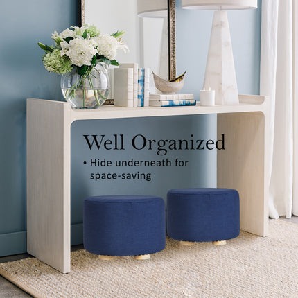 Fabric Ottoman Round Wooden Leg Foot Stool - DARK BLUE.