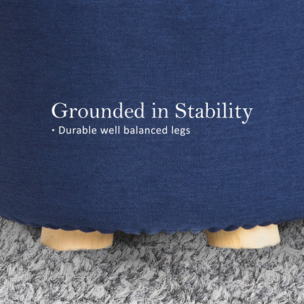 Fabric Ottoman Round Wooden Leg Foot Stool - DARK BLUE.