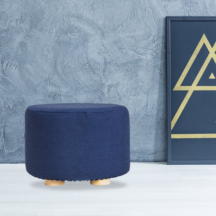 Fabric Ottoman Round Wooden Leg Foot Stool - DARK BLUE.