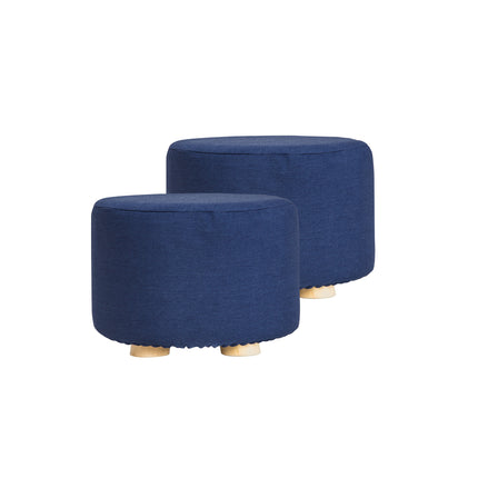 2X Fabric Ottoman Round Wooden Leg Foot Stool - DARK BLUE.