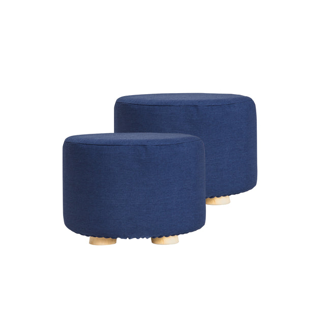 2X Fabric Ottoman Round Wooden Leg Foot Stool - DARK BLUE.