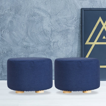 2X Fabric Ottoman Round Wooden Leg Foot Stool - DARK BLUE.
