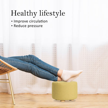 Fabric Ottoman Round Wooden Leg Foot Stool - MUSTARD YELLOW.