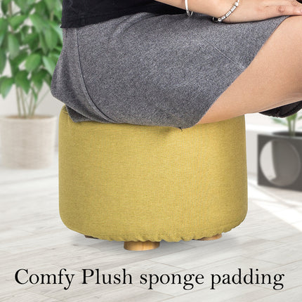 Fabric Ottoman Round Wooden Leg Foot Stool - MUSTARD YELLOW.