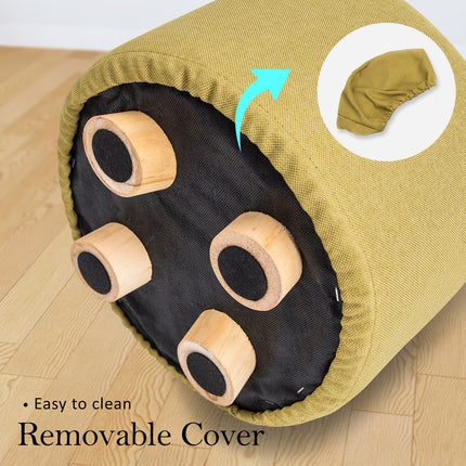 Fabric Ottoman Round Wooden Leg Foot Stool - MUSTARD YELLOW.