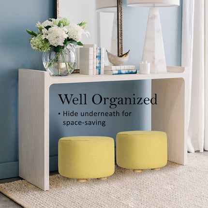Fabric Ottoman Round Wooden Leg Foot Stool - MUSTARD YELLOW.