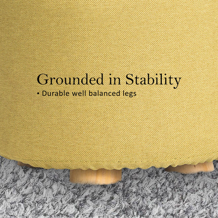 Fabric Ottoman Round Wooden Leg Foot Stool - MUSTARD YELLOW.