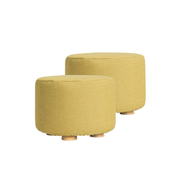 2X Fabric Ottoman Round Wooden Leg Foot Stool - Mustard Yellow.