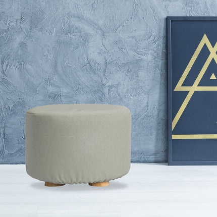 Fabric Ottoman Round Wooden Leg Foot Stool - GREY.