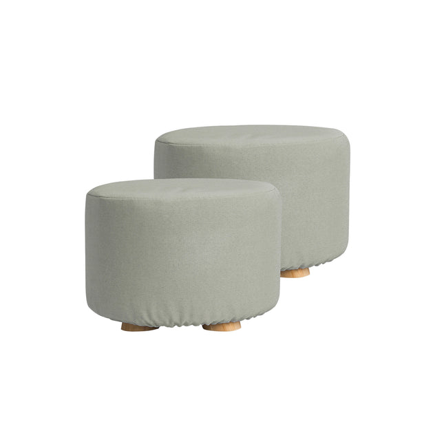 2X Fabric Ottoman Round Wooden Leg Foot Stool - GREY.