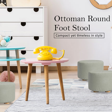 2X Fabric Ottoman Round Wooden Leg Foot Stool - GREY.