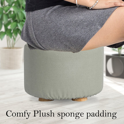 2X Fabric Ottoman Round Wooden Leg Foot Stool - GREY.