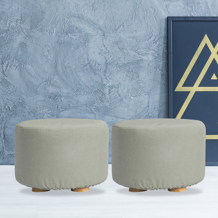 2X Fabric Ottoman Round Wooden Leg Foot Stool - GREY.