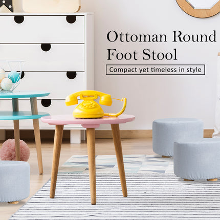 Fabric Ottoman Round Wooden Leg Foot Stool - LIGHT BLUE.