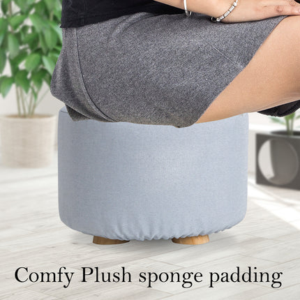 Fabric Ottoman Round Wooden Leg Foot Stool - LIGHT BLUE.