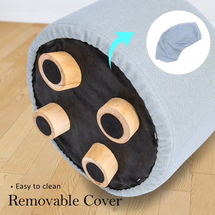 Fabric Ottoman Round Wooden Leg Foot Stool - LIGHT BLUE.