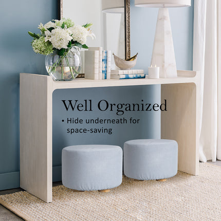 Fabric Ottoman Round Wooden Leg Foot Stool - LIGHT BLUE.