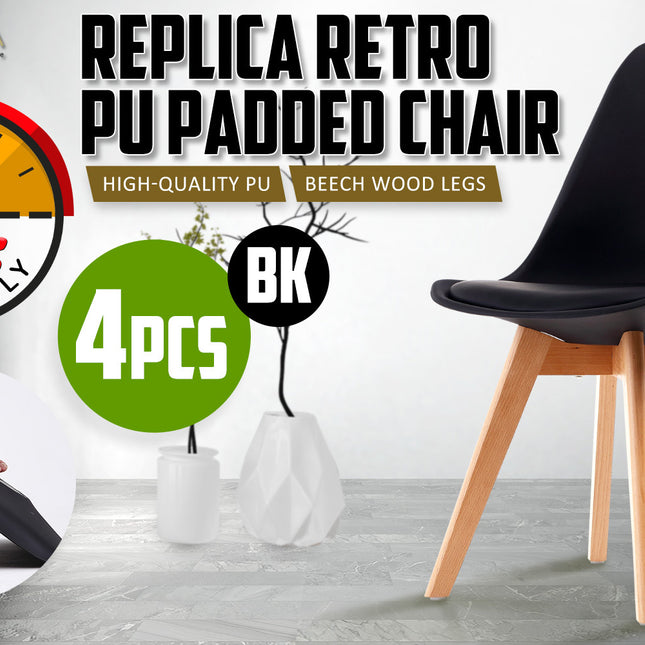 4X Retro Dining Cafe Chair Padded Seat BLACK.