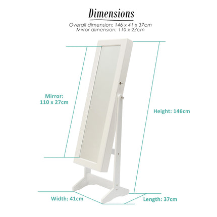 Mirror Jewellery Cabinet Storage Organiser LUVO 146cm WHITE.