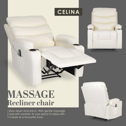 8-Point Electric Massage Recliner Chair - PU Leather Lounge Sofa Armchair CELINA CREAM.