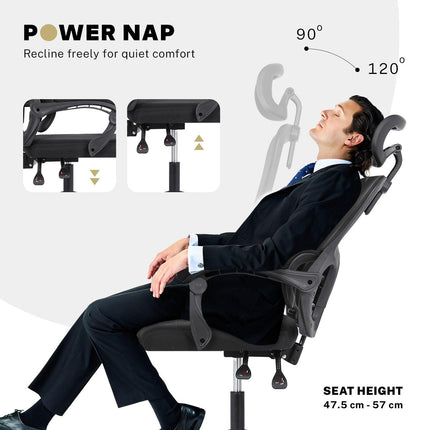 Ergonomic Reclining Office Chair - Lumbar Support, Adjustable Headrest VELTRA - BLACK.