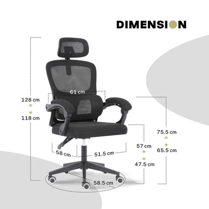 Ergonomic Reclining Office Chair - Lumbar Support, Adjustable Headrest VELTRA - BLACK.