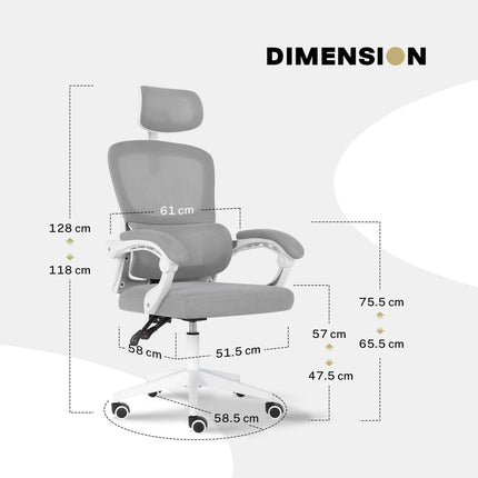 Ergonomic Reclining Office Chair - Lumbar Support, Adjustable Headrest VELTRA - GREY.