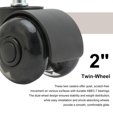 5X 2'' Twin Wheel Office Chair Casters - Slient Smooth, 11x22mm Stem.