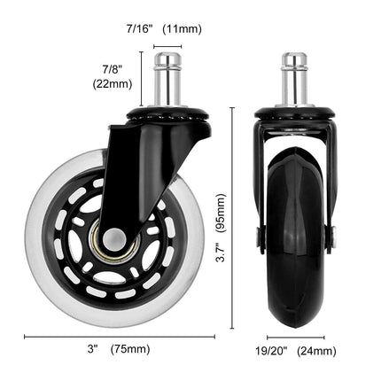 5X 3'' Rollerblade Style Wheels Office Chair Casters - Slient Smooth, 11x22mm Stem.