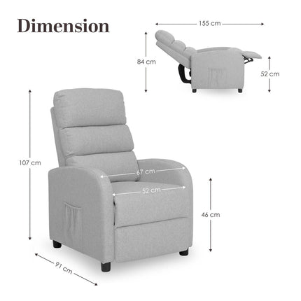 Home Recliner Chair - Linen Fabric Sofa Lounge Armchair SHILOH GREY.