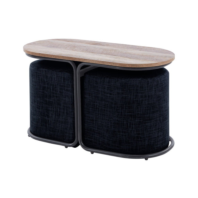 3 Piece Set Coffee Table & Ottoman Wood Side End Table Industrial - Black.