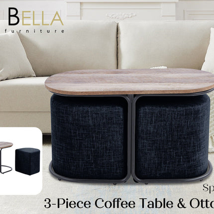 3 Piece Set Coffee Table & Ottoman Wood Side End Table Industrial - Black.