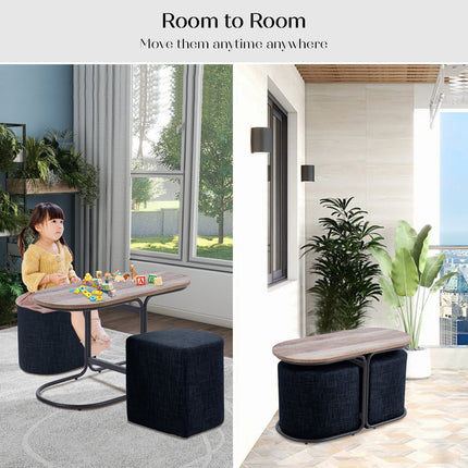 3 Piece Set Coffee Table & Ottoman Wood Side End Table Industrial - Black.