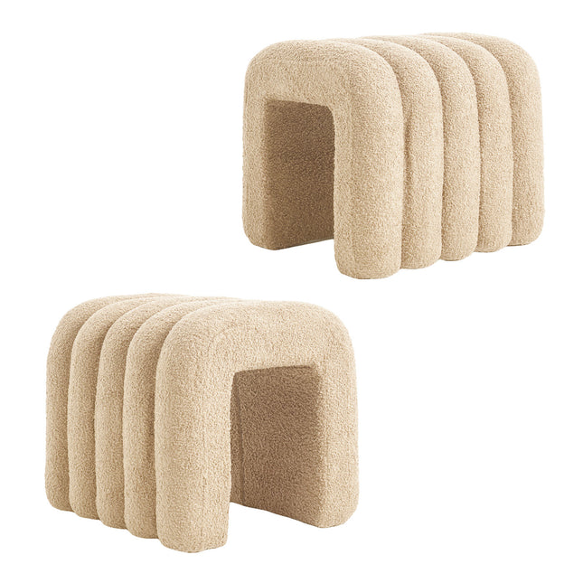2X Ridge Arch Ottoman Stool Teddy Fleece Fabric Foot Rest 45cm BEIGE.