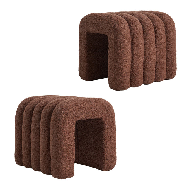 2X Ridge Arch Ottoman Stool Teddy Fleece Fabric Foot Rest 45cm BROWN.