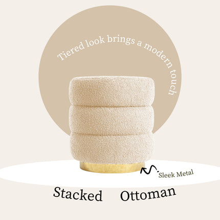 Round Stacked Ottoman Stool Teddy Fleece Fabric Foot Rest 38cm BEIGE.