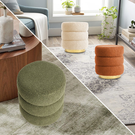 Round Stacked Ottoman Stool Teddy Fleece Fabric Foot Rest 38cm BEIGE.