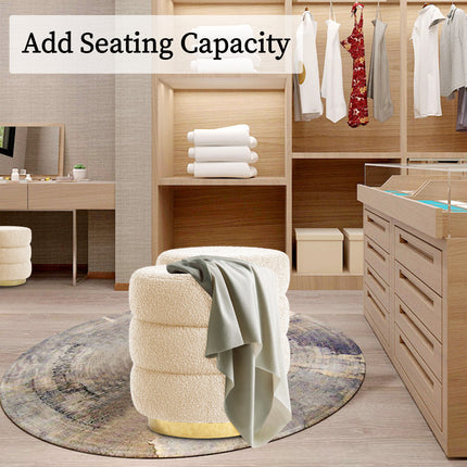 Round Stacked Ottoman Stool Teddy Fleece Fabric Foot Rest 38cm BEIGE.