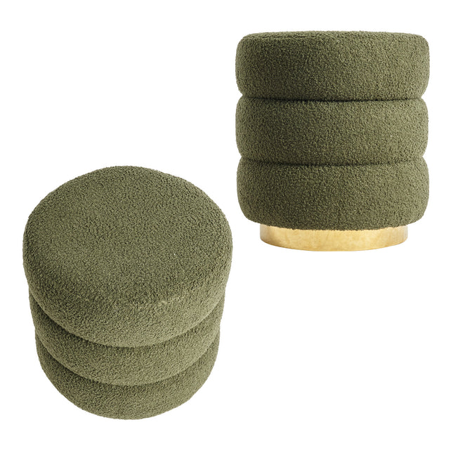 2X Round Stacked Ottoman Stool Teddy Fleece Fabric Foot Rest 38cm GREEN.