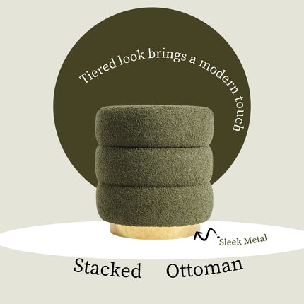 2X Round Stacked Ottoman Stool Teddy Fleece Fabric Foot Rest 38cm GREEN.