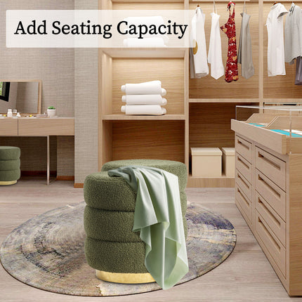2X Round Stacked Ottoman Stool Teddy Fleece Fabric Foot Rest 38cm GREEN.