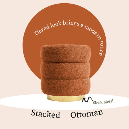 Round Stacked Ottoman Stool Teddy Fleece Fabric Foot Rest 38cm ORANGE.