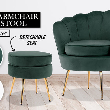 Armchair Lounge Chair Accent Velvet Shell Scallop + Ottoman Footstool Round GREEN.